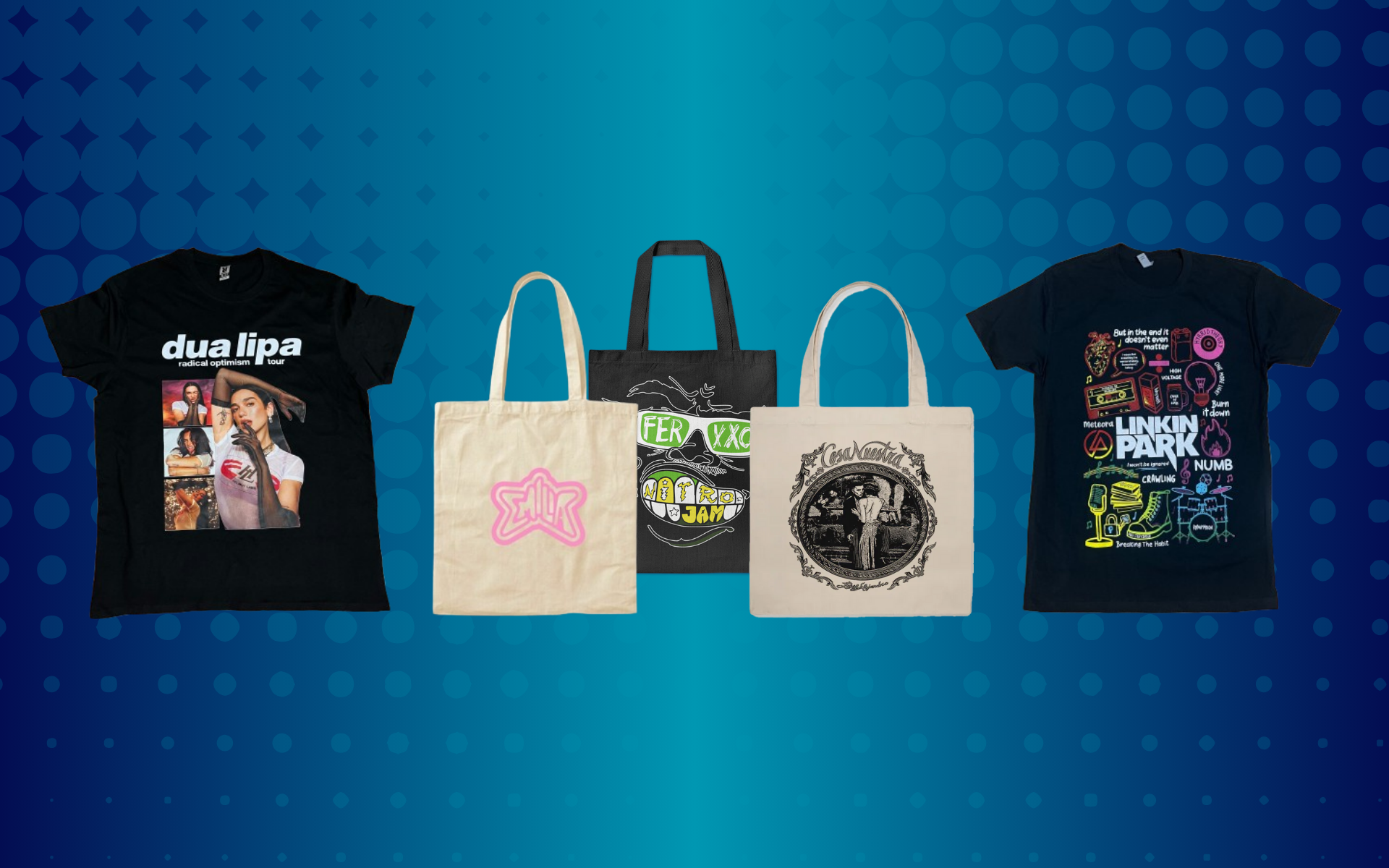 Banner promocional de merch personalizada — poleras, lanyards, totebags y accesorios